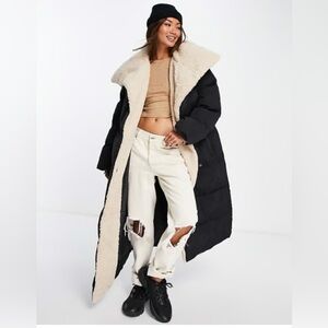 ASOS DESIGN shearling collared belted maxi puffer jacket black size 4